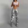 Western Style 2023 Women clothes New Fashion Pleat Pu Imitation Leather Sexy Low Waist Street Shot Straight Casual Trousers