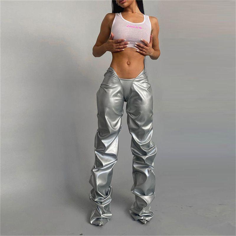 Western Style 2023 Women clothes New Fashion Pleat Pu Imitation Leather Sexy Low Waist Street Shot Straight Casual Trousers