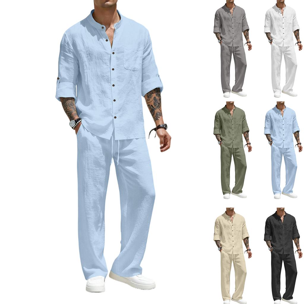 Men's Linen Long Sleeve Shirt and Pant Set Two-Piece Casual Outfit for Summer