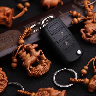 Ethnic Bag Pendant Fengshui Lucky Mascot Mahogany Keychain Chinese 12 Zodiac Engraving Wood Keyring