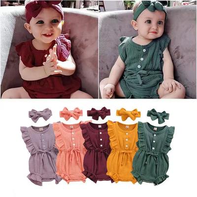 2 teile/satz Neugeborenen Baby Mädchen Nette Bogen Strampler Sommer Outfits Spitze Rüschen Ärmel Overall Body + Stirnband Infant Kleidung 0-18M