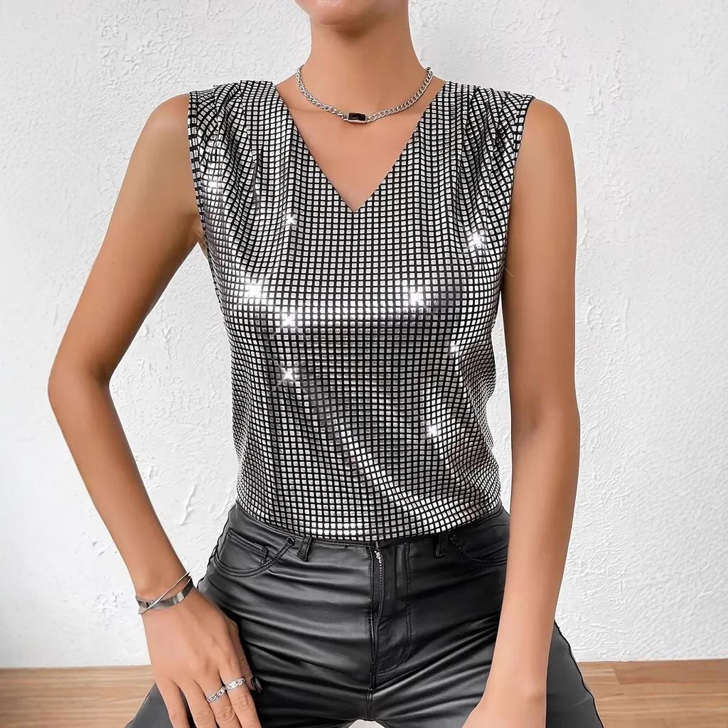 2026 Summer Women's Silver V-neck Plus Size Vest Sleeveless Slimming Plaid Top New Style