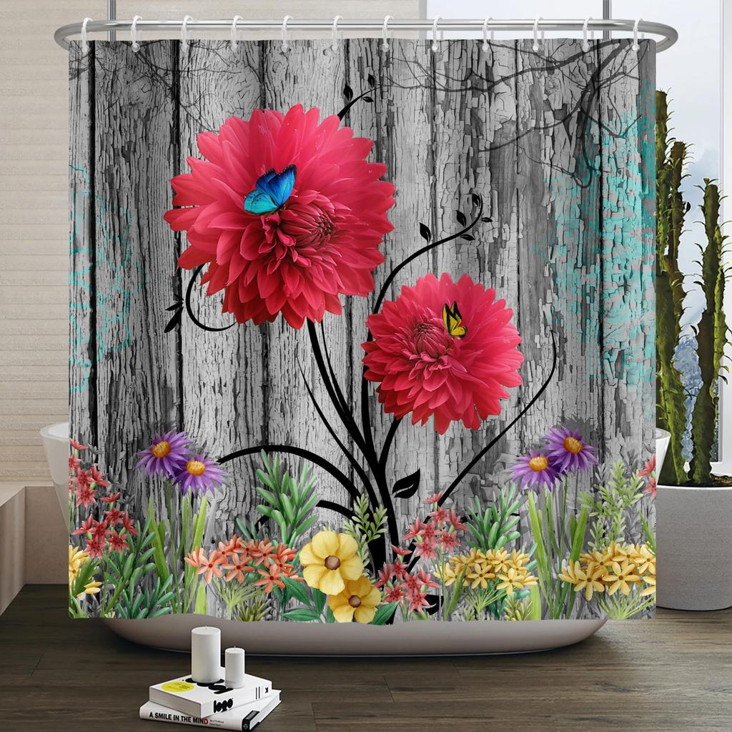 Rustic Sunflower Daisy Shower Curtain Butterfly Floral Vintage Country Farmhouse Flower Wooden Board Waterproof Bathroom Curtain