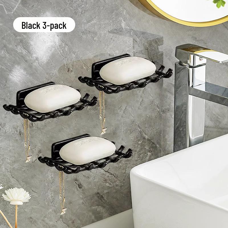 Wall-Mounted Punch-Free Soap Dish with Drain Rack & Hooks for Bathroom