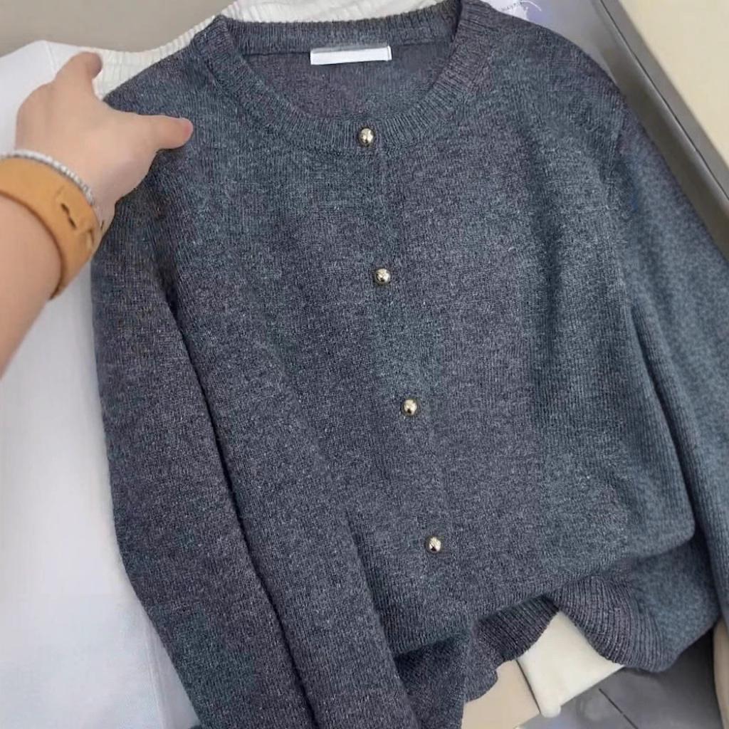 

Женский вязаный кардиган свитер с круглым вырезом, свободного кроя, темно-серого цвета, на пуговицах, 2025 Extra Large серый/древесный уголь