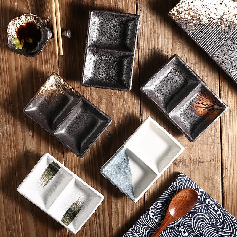 Japanese-Style Two-Grid Plate, Sauce Saucer, Barbecue Dipping Plate, Ceramic Snack Plate, Household Rectangular Saucer