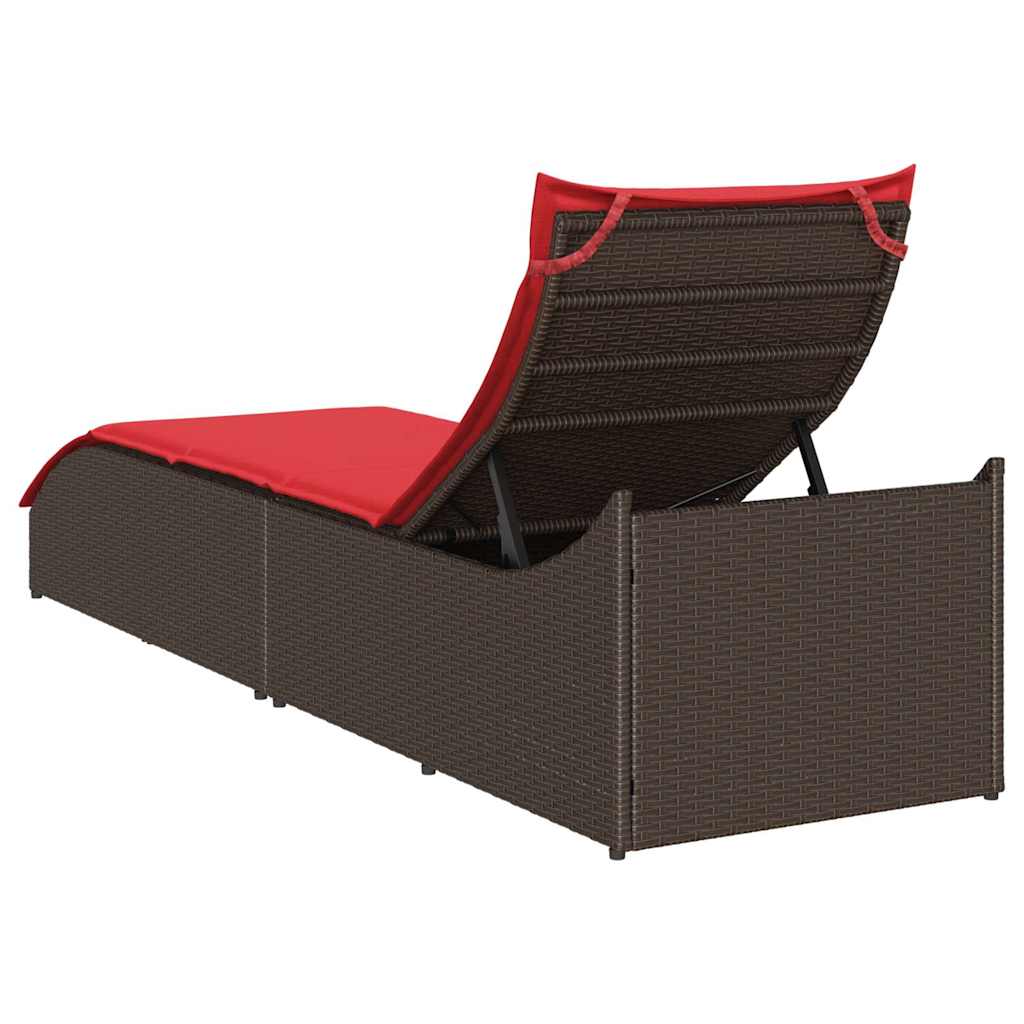 Folding Sun Lounger with Cushion and Storage Space Brown Poly Rattan