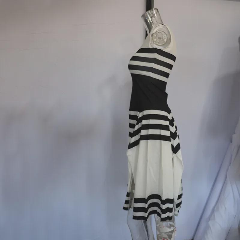 Elegant Summer Sleeveless Striped Patchwork Dress: Black & White Casual Round Neck
