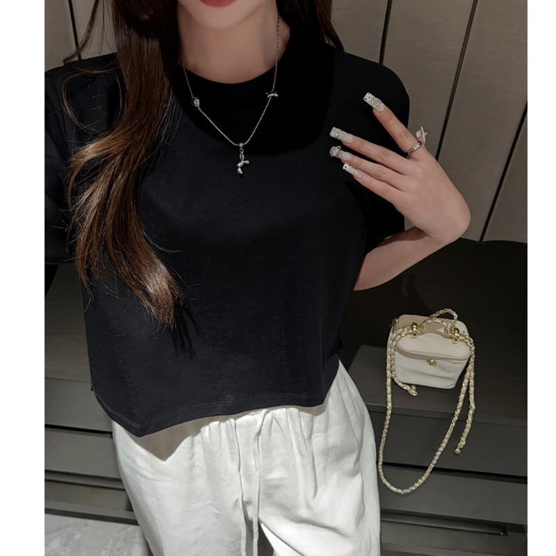 

Summer Black Premium Atmosphere Basic Shoulder Short Sleeve T-Shirt Women s Crew Neck Niche Cotton Top S (suitable for weight 35-47.5kg ) чёрный