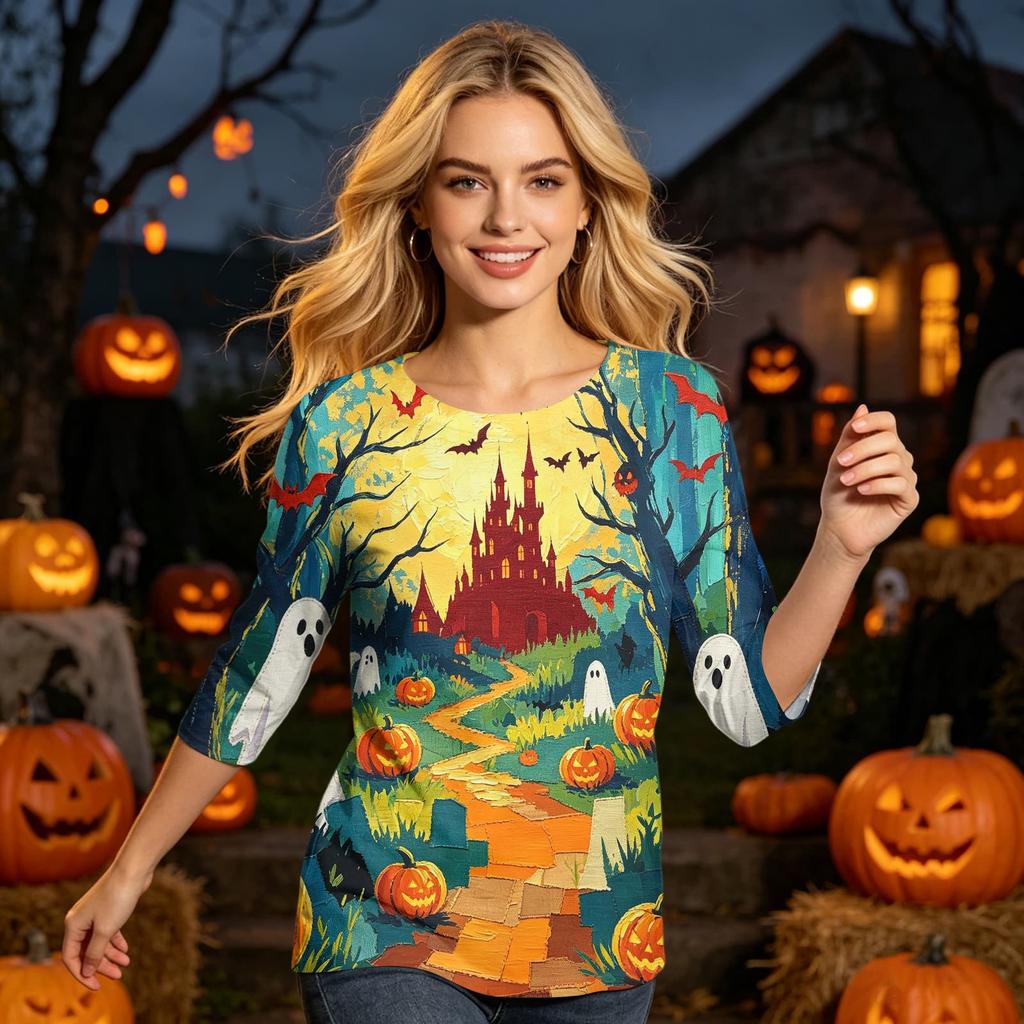 Womens Casual Halloween Print Round Neck Top Three Quarter Sleeve Lightweight Blouse for Seasonal Wear