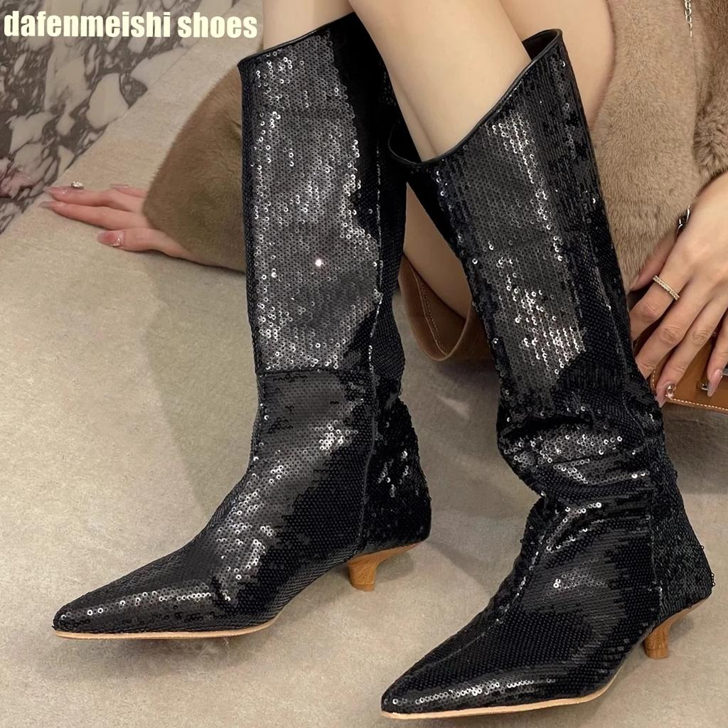Fashion Pointed Toe Long Boots for Women Autumn Winter 2025 New Sequined Shiny Sexy Mid Calf Boots Kitten Heel Boots Bling Knight Boots