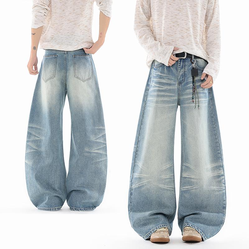 Retro Washed Workwear Jeans, Men's Wide Leg Pants, Straight Leg Pants