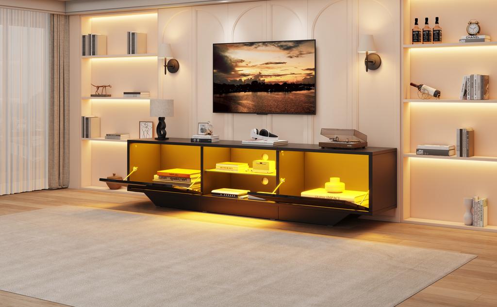 160*35*44.5cm Έπιπλο TV δαπέδου, χαμηλό έπιπλο, 2 πόρτες, γυαλιστερό, φώτα LED, βάση TV, κατάλληλο για τηλεοράσεις 65 ιντσών, μαύρο