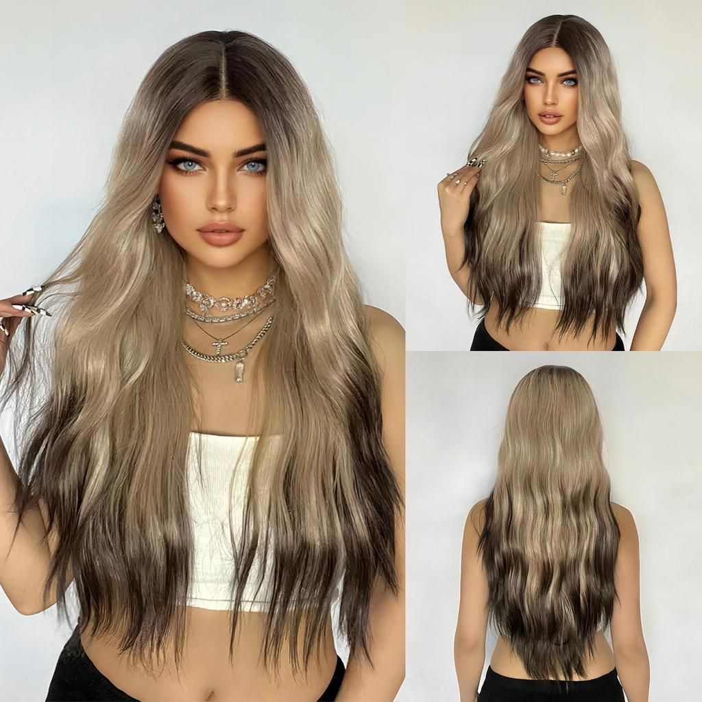 ALAN EATON Synthetic Front Lace Wig Long Wavy Wigs Ombre Grey to Blonde Daily for Women High Density Heat Resistant Hair