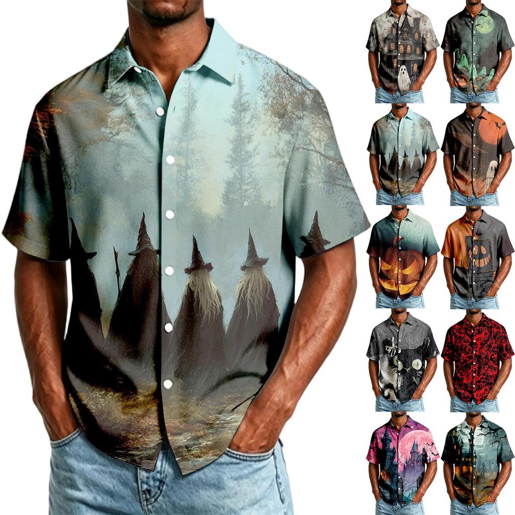Men's Casual Short Sleeve Button Down Shirt Halloween Themed Printed Top Lightweight Breathable Fabric Relaxed Fit
