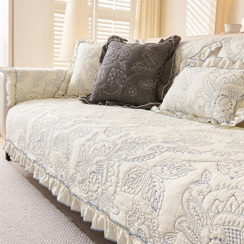 New High-End Embroidery French Retro Embroidery Cotton Sofa Cushion Back Towel Sofa Cover Cloth Machine Wash