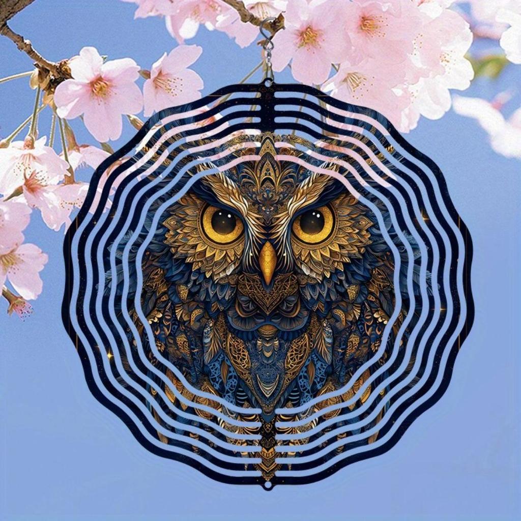 Kaijit - Majestic Owl Design 3D Hanging Wind Chime with Golden Mirror Reflection, Bird Deterrent Outdoor Decor for Garden & Weddings