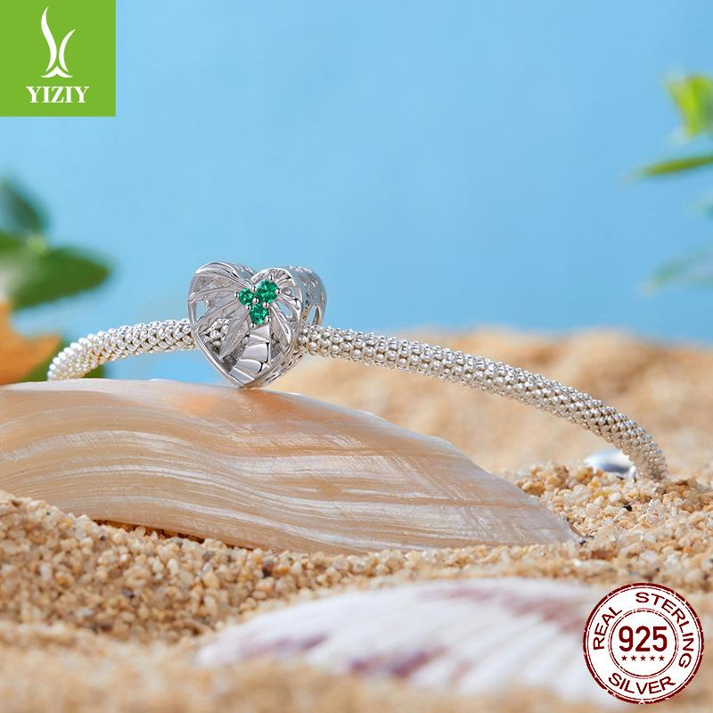 Double-Sided Summer Beach Beaded S925 Silver Diy Bracelet Beads Ocean Wind Coconut Tree Jewelry Accessories