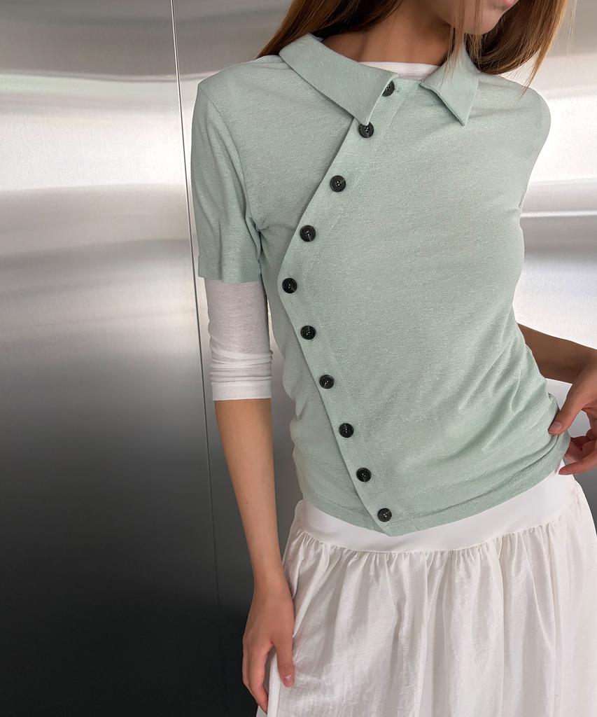 CHICKS Stand Collar Asymmetrical Shirt Mint