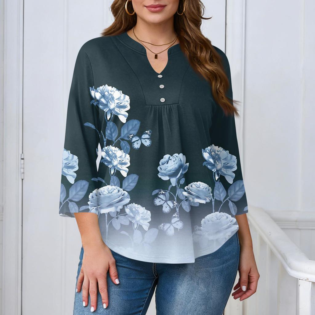 Women's Plus Size Fashionable Casual Loose Fit Three Quarter Sleeve Elegant Button Up V Neck Top