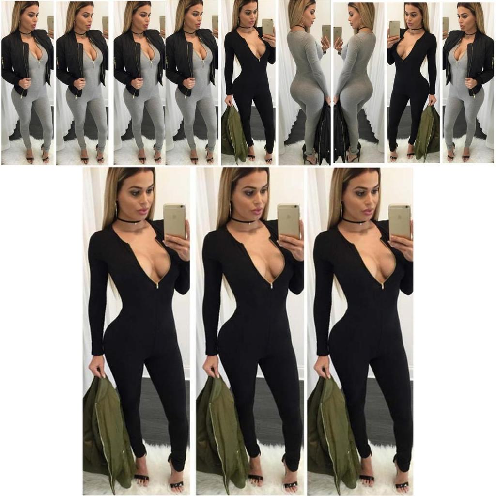 Hochwertiger Damen Reißverschluss Overall Bandage Bodycon Jumpsuit Clubwear Langarm Romper
