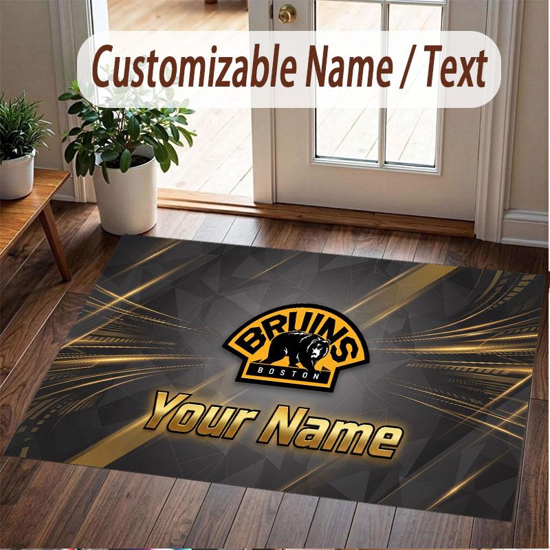 Custom Rug Boston Bruins Pattern Print Name Text Soft Non‑Slip Floor Carpet for Home Indoor Decoration