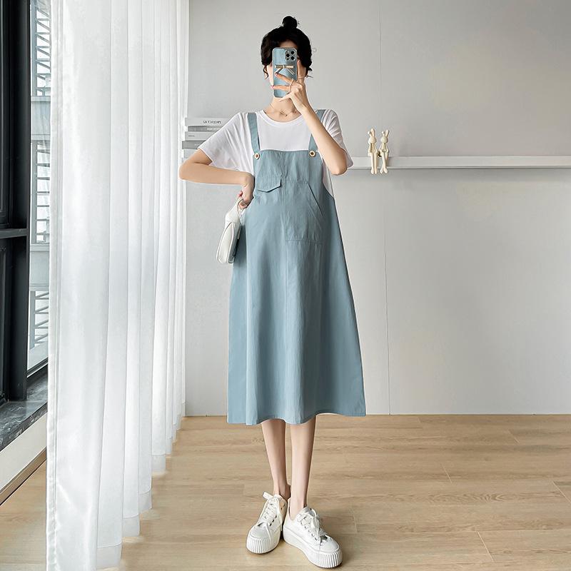 

2026 Summer Korean Style Faux Two-Piece Maternity Dress 2XL світло-синій колір