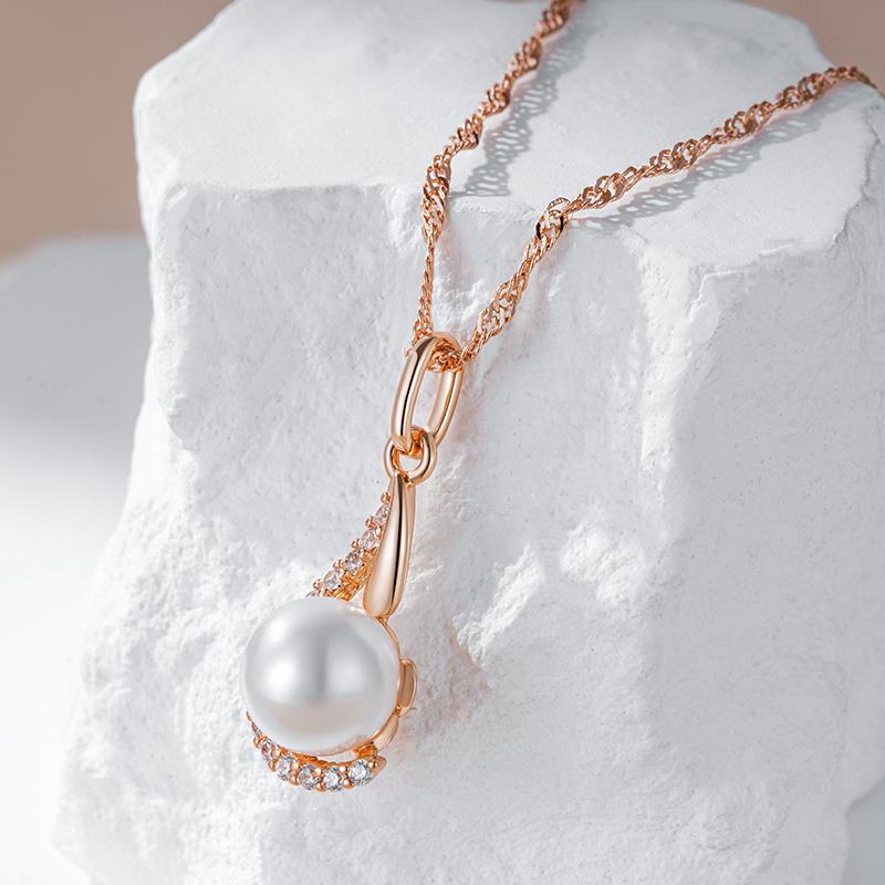 Luxury  Rose Gold Color Pendant Necklace For Women Unique Geometric Pearl Pendant Bride Daily Fine Jewelry  New
