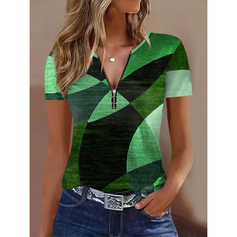 Colorful patchwork quarter-zip T-shirt, summer casual short-sleeved T-shirt, women's clothing