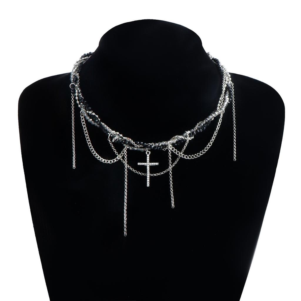 Rhinestone Cross Pendant Necklace Layered Snake Chain Glass Crystal Choker Adjustable Length Metal Alloy Jewelry for Women