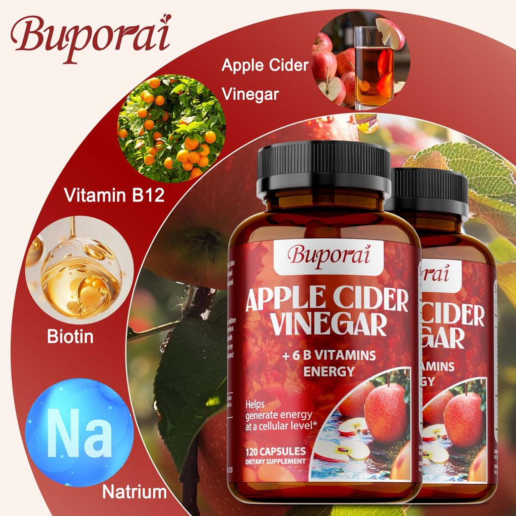 Apple Cider Vinegar Capsules, Containing Vitamin B12 Extract, Weight Management, Vegetarian, Gluten-free
