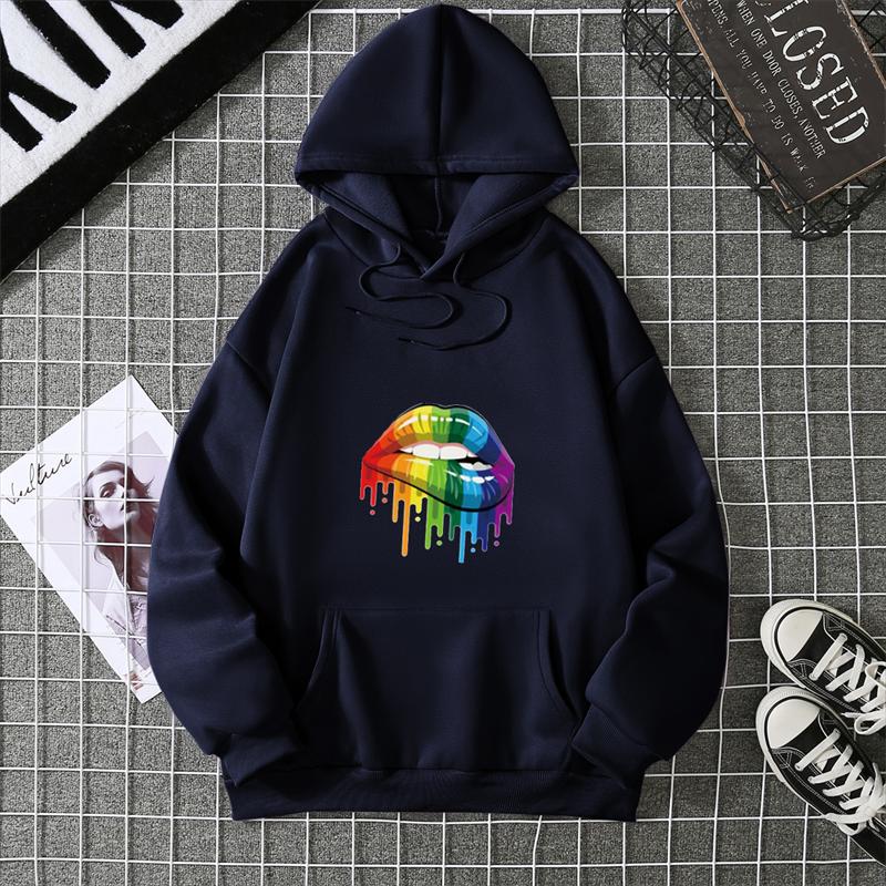 Fashion Women's Colorful Lips Print Hoodie Women's Outdoor Street Hooded Pocket Hoodie Women's Sweatshirt Women's Clothes