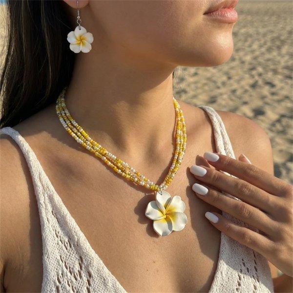 Bohemian Beach Beaded Choker Necklace for Women Hawaiian Pink Yellow Hawaiian Flower Pearl Necklaces Summer Vacation Jewelry