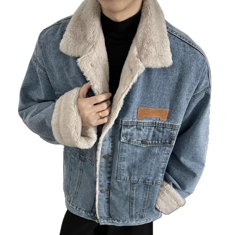 Men's Retro Velvet Denim Jacket – Trendy, Warm, Unisex, Loose-Fit with Multi-Pockets