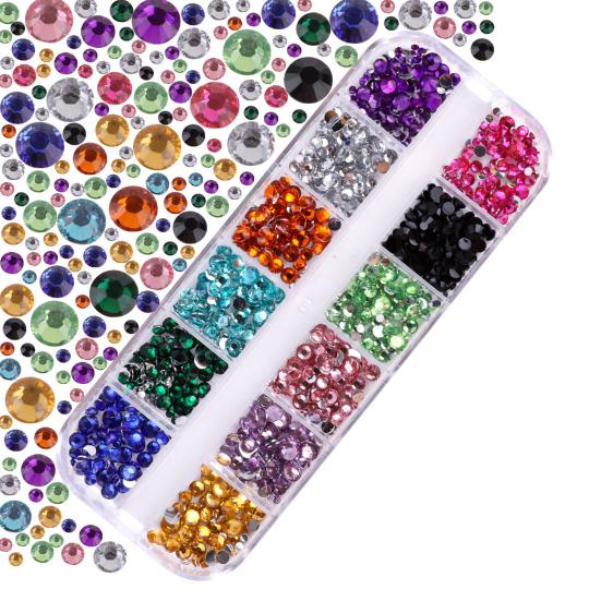 1 Set Round Nail Art Rhinestone Kit with Storage Box 12 Grids Flatback Rhinestone DIY Nail Design Crafting Decoration Fake Gems