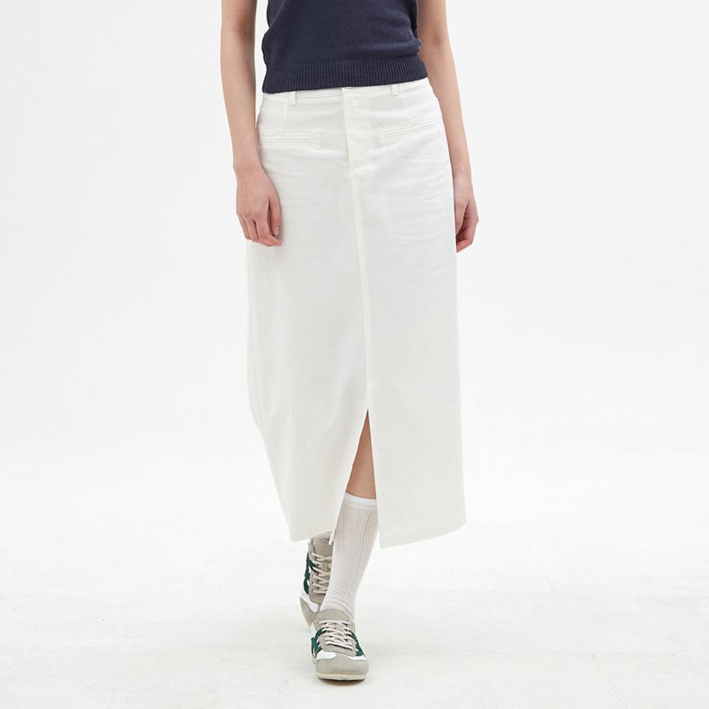Elssibeui Linen Front-Slit Long Skirt_White