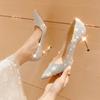 Women Silver Bling High Heel Pumps Women  New Fashion Slip-On Party Shoes Ladies Pointed Toe Shallow Thin Heel Wedding Shoes