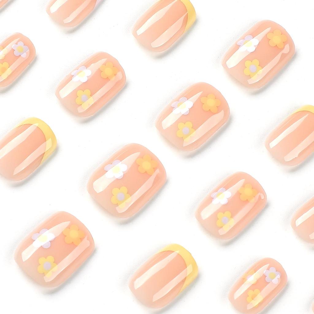 Tri-Color French Style Removable Nail Tips with Floral Stickers (Orange, Yellow, Purple)