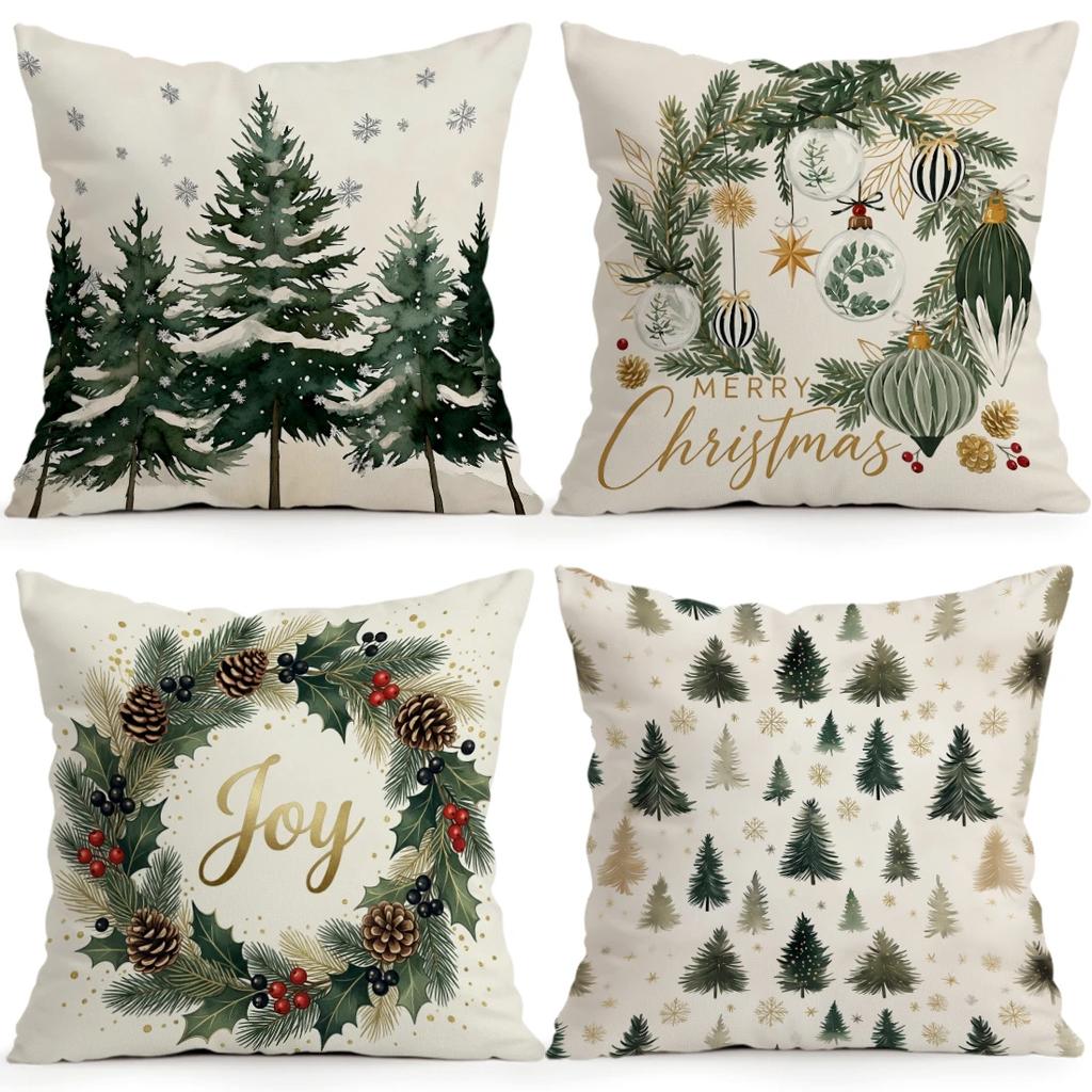 1/4pcs Christmas Pine Tree Snowflakes Cushions Pillowcase Polyester Cushion Cover Throw Pillow Pillowcover Home Car Sofa Decor