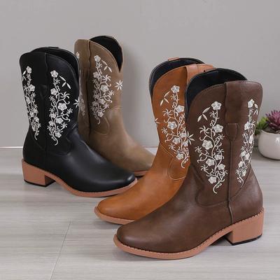 Autumn and Winter New Women's Mid-tube Boots Embroidered Retro Comfortable Large Size Knight Boots