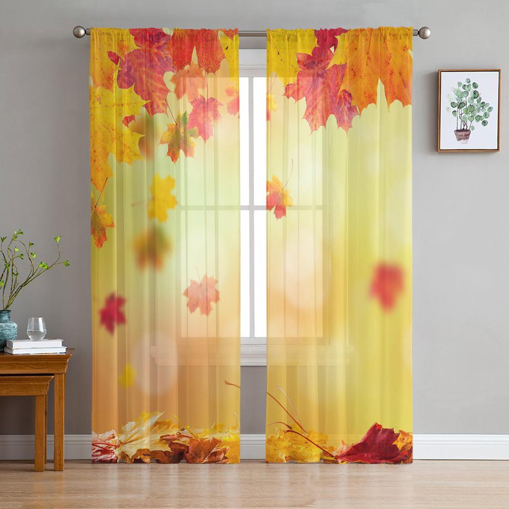 Youth Bedroom Sheer Curtains Maple Leaf Falling Yellow Kitchen Study Hanging Curtains Living Room Holiday Decor Tulle Curtains