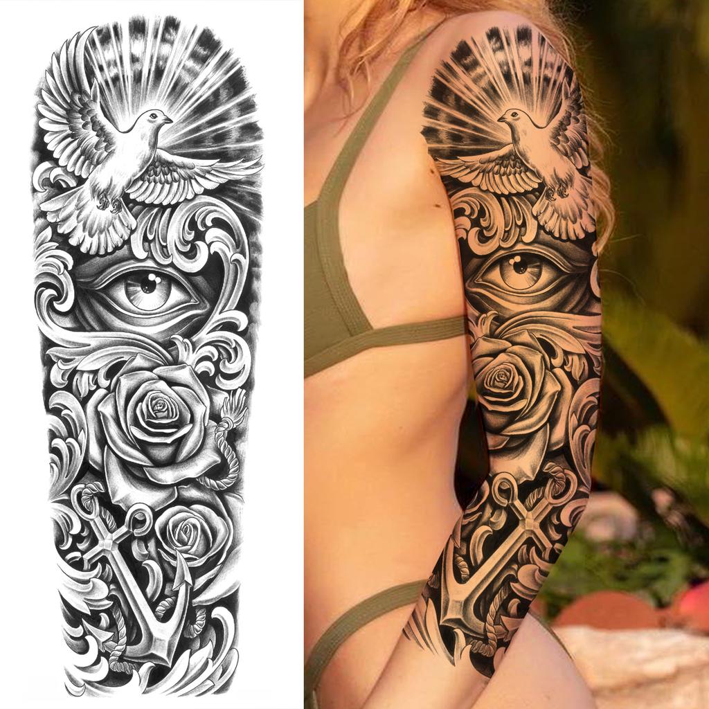 1 Sheet Long Sleeve Temporary Tattoos For Men Women Flower Skull Lion Wolf Tiger Nun Fox Compass Tattoo Sticker Body Art Arm Leg