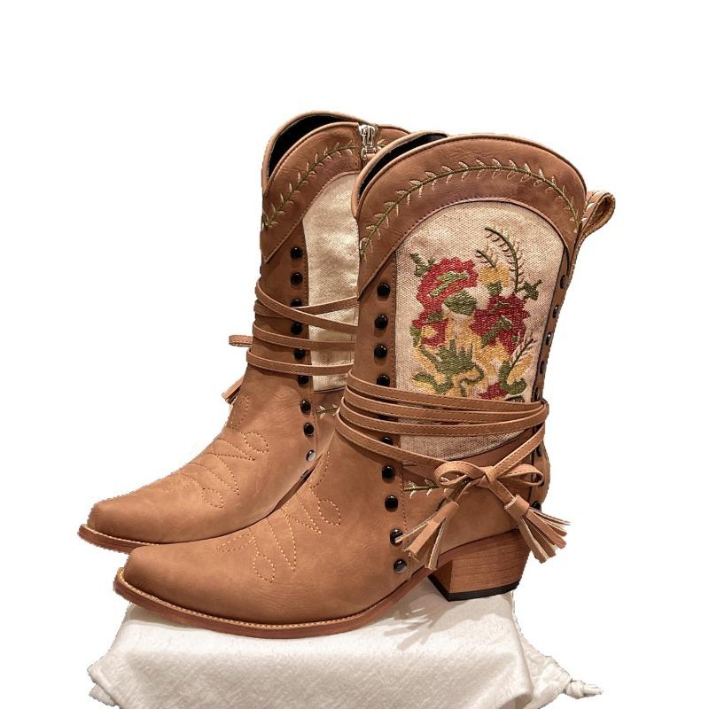 Women’s Brown Embroidered Lace-Up Motorcycle Boots, Chunky Heel, Retro Biker Style, Wide Size