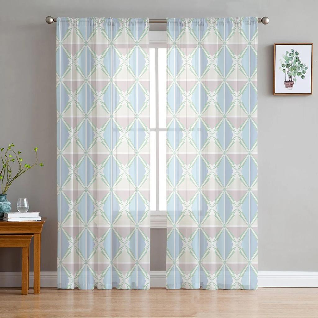 Plaid Geometric Weave Voile Sheer Curtains For Living Room Window Chiffon Tulle Curtain Kitchen Bedroom Drapes Home Decor