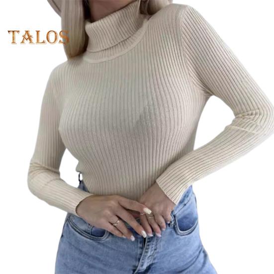 Damski sweter bazowy z wysokim kołnierzem Elastyczna oddychająca tkanina Jednolity kolor Dzianinowy pulower Styl leniwy Długi rękaw Dopasowany sweter
