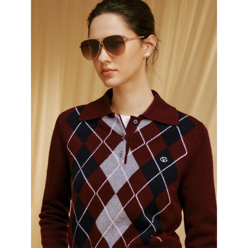 Women's 100% Lambswool Argyle Lapel Knit Sweater
