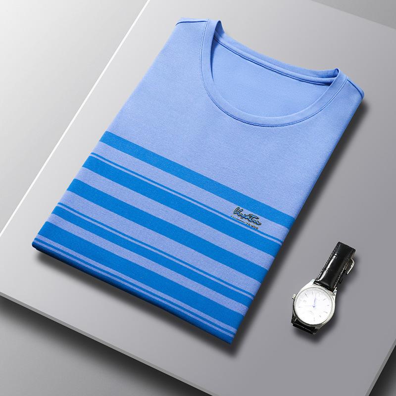 

Летняя мужская футболка с короткими рукавами Молодежная мода в полоску с круглым вырезом и половиной рукавов Новая футболка Модные мужские топы 4XL синий