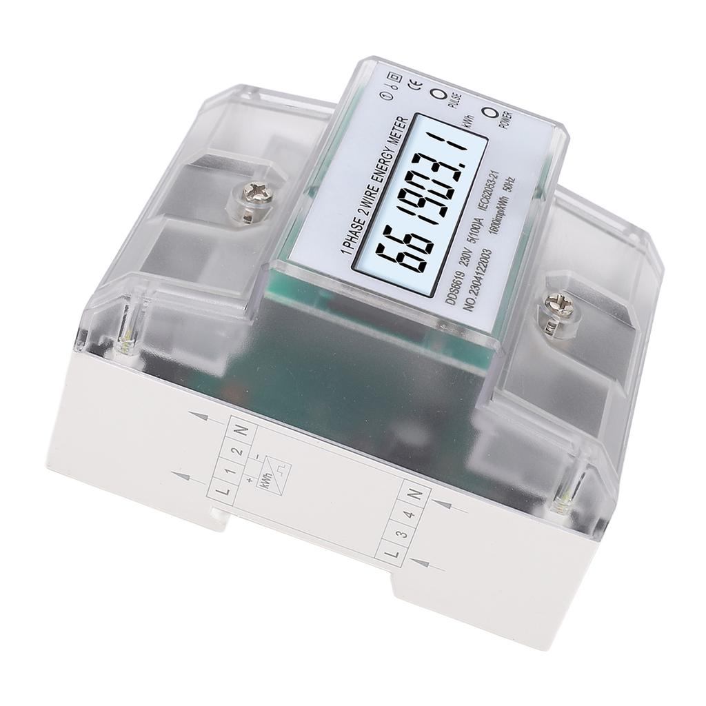 Contor Digital de Energie 1 Fază 2 Fire KWh Electricitate Wattmetru Șină DIN Afișaj LCD cu Iluminare de Fundal 230VAC