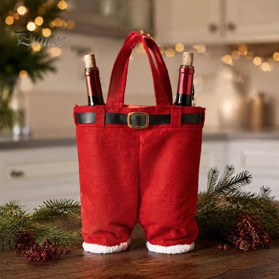 Christmas Party Favor Bags Santa Pants Shaped Candy Bag, Large Wine Bottle Holder with Festive Fabric Decorations Handle, Holiday Treat Tote