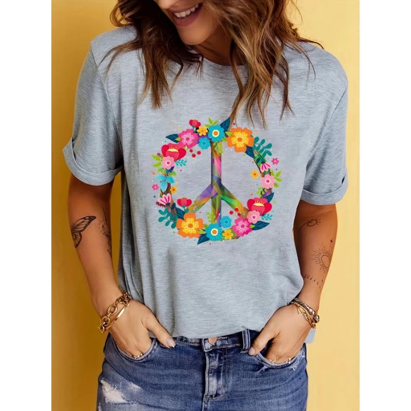 Peace Love Hippie Costume Tie Die 60s 70s Women's Casual Short Sleeve Summer T-Shirt O-Neck Tops Femminile Tee Graphic Tshirt
